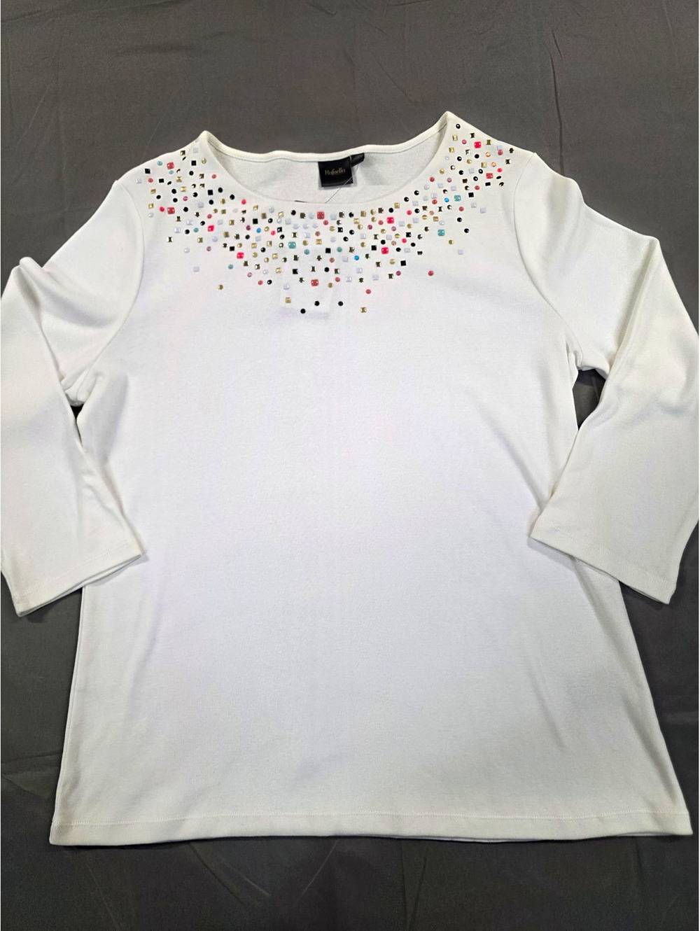 Rafaella Womens XL White Studded Solid Knit Top Round Neck 3/4 Sleeve